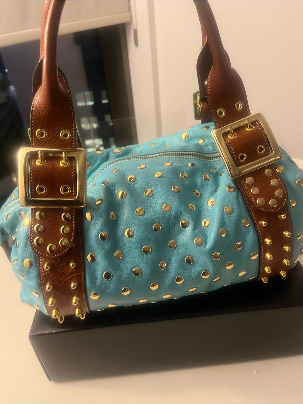BE&D Slouchy Studded Aqua Leather Satchel with Brown Handles